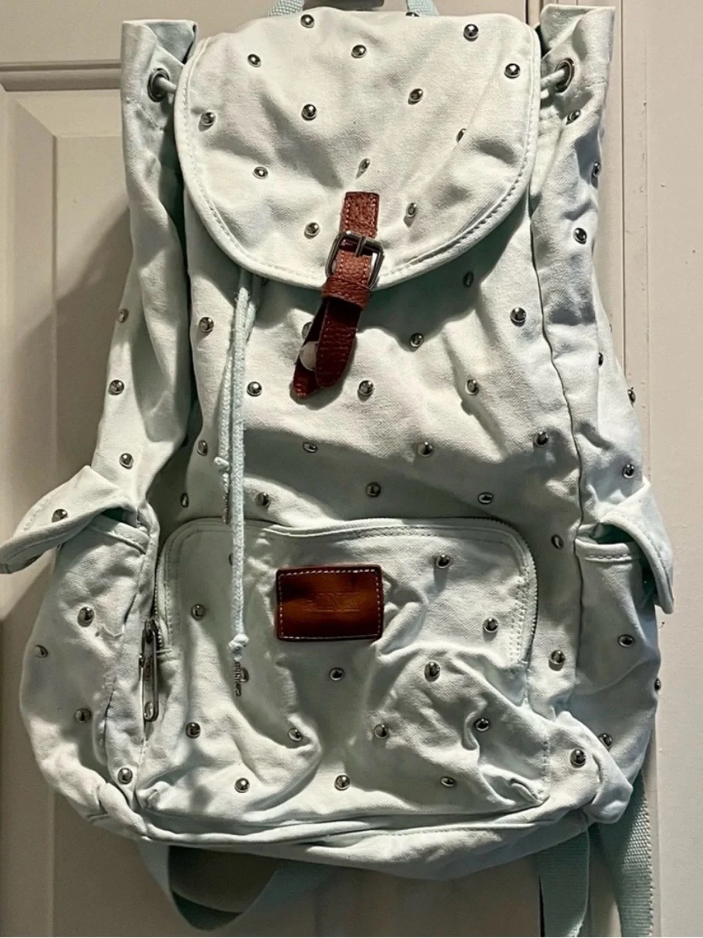 PINK Victoria’s Secret Light Blue Studded Canvas Backpack with Brown Accent